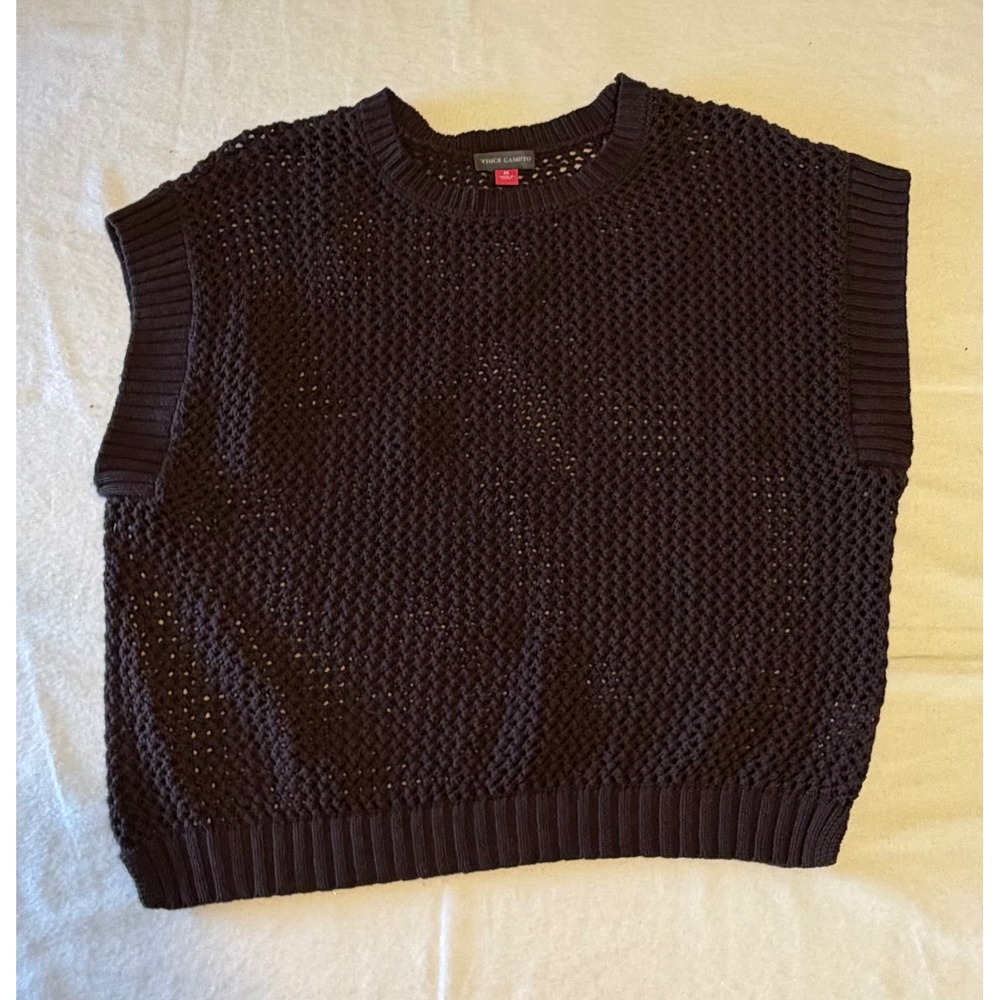 Vince Camuto Brown Open Knit Crochet Sweater Vest Cotton Crew Neck womens Medium